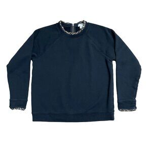 J CREW SWEATSHIRT WOMENS M BLACK LEOPARD PRINT RUFFLE PULLOVER CREW NECK ZIP